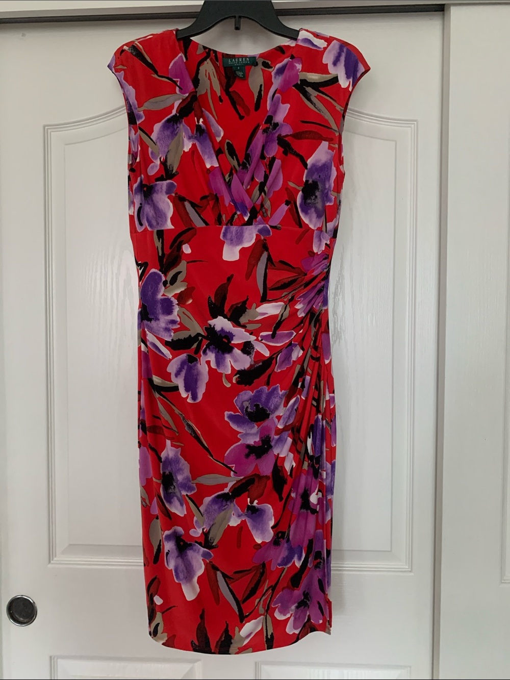 Lauren Ralph Lauren Red Floral Midi Dress with Purple Accents